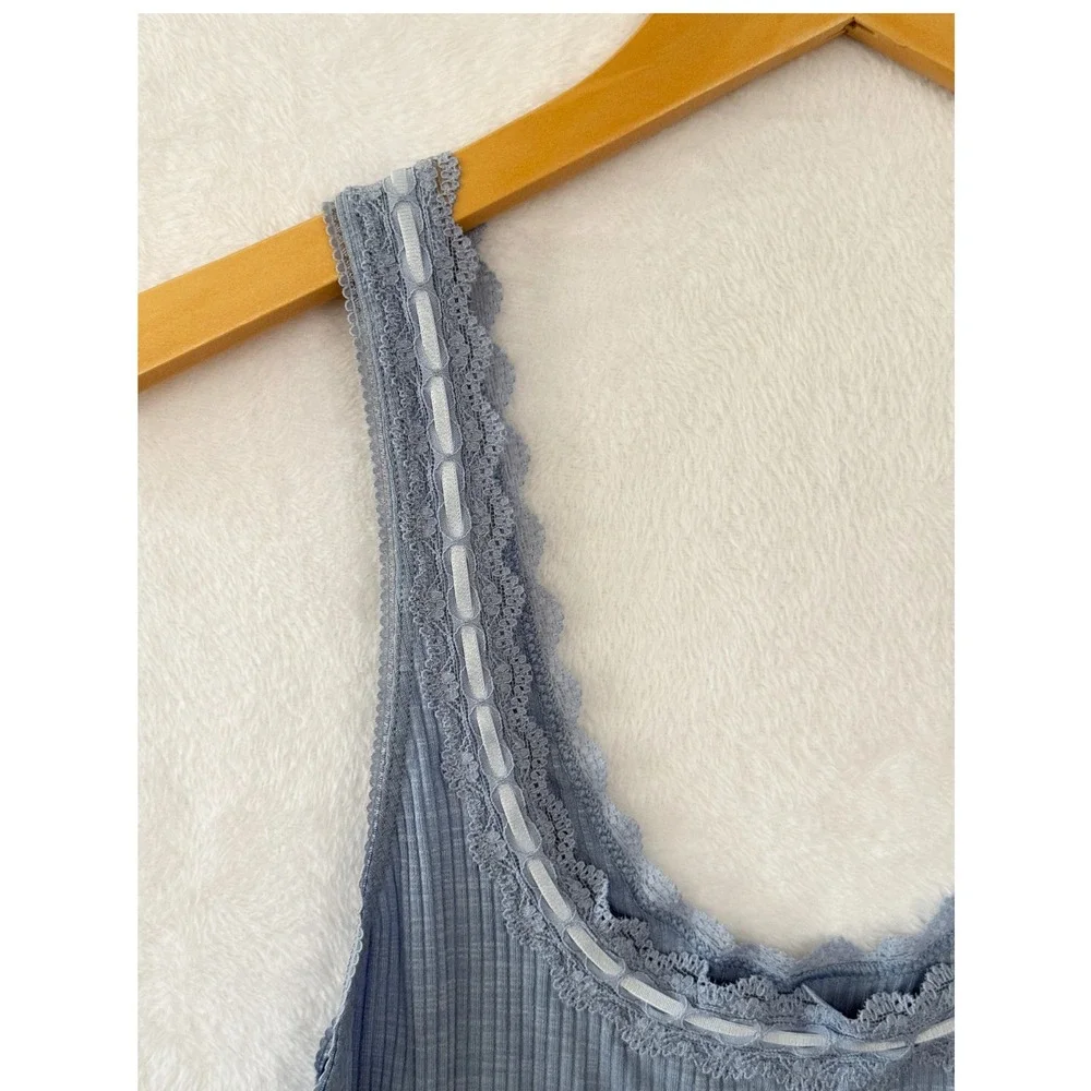 Aerie Ribbed Lace Trim Tank Top Womens Coquette Balletcore Blue Medium NWT